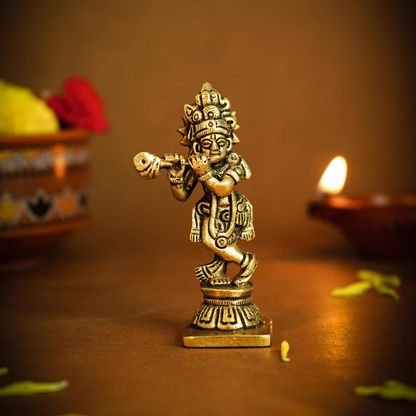Ekhasa Brass Krishna with Flute - Traditional Decor