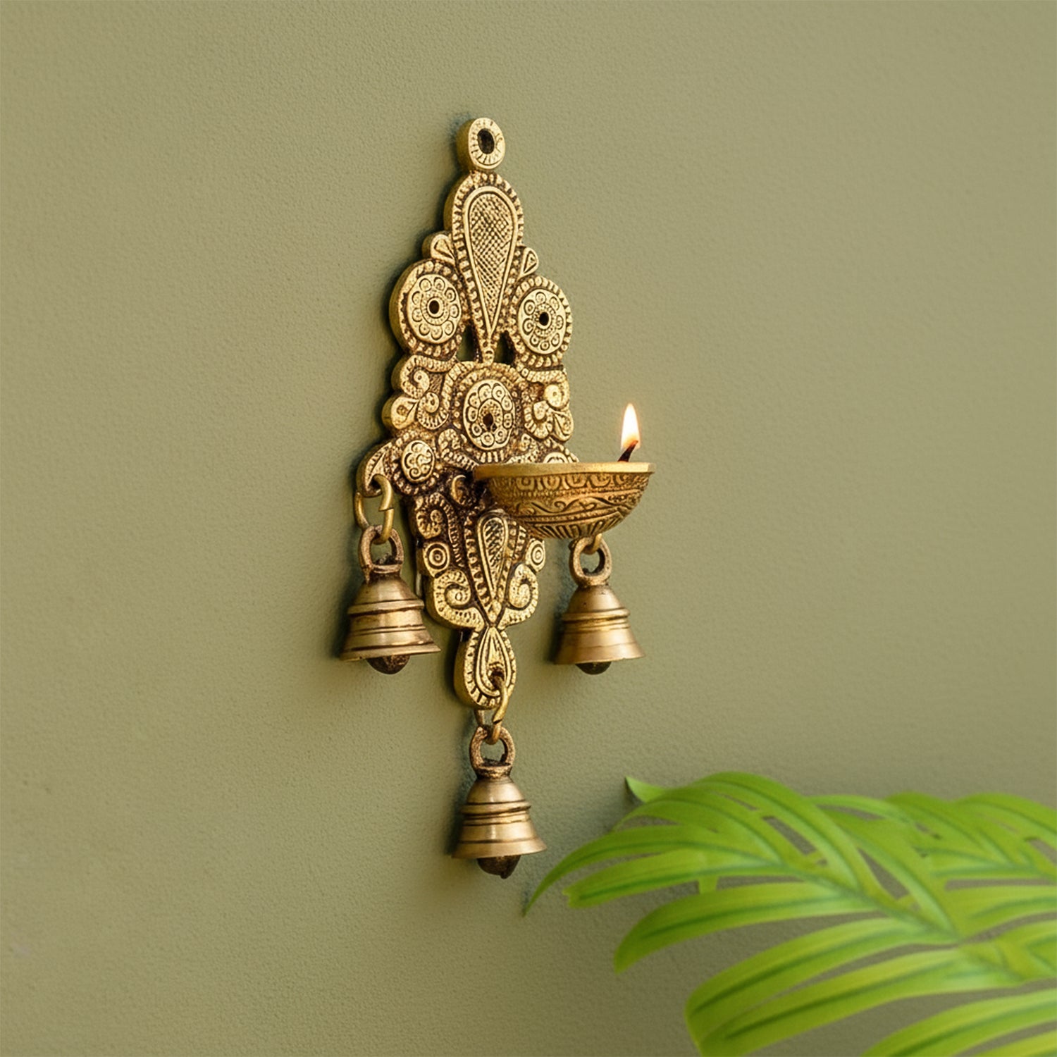 Brass Wall Hanging Diya with Bells for Home Decor & Pooja