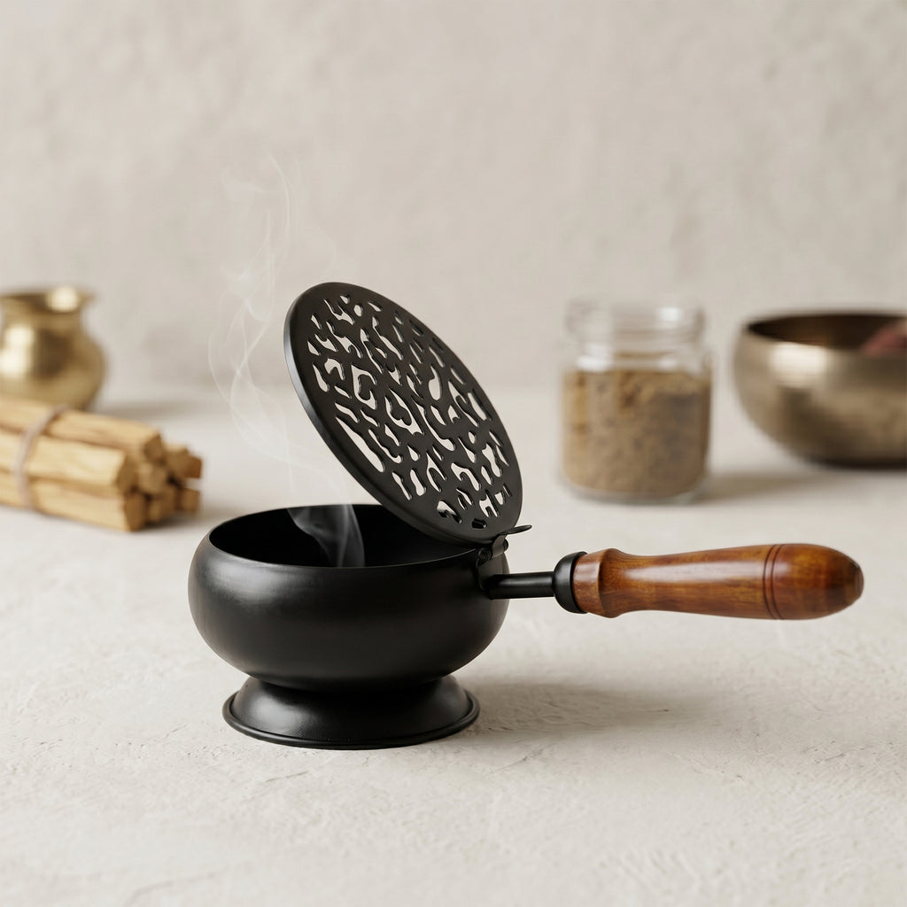 Metal Dhoop Dani with Wooden Handle for Pooja, Meditation & Home Temple Rituals