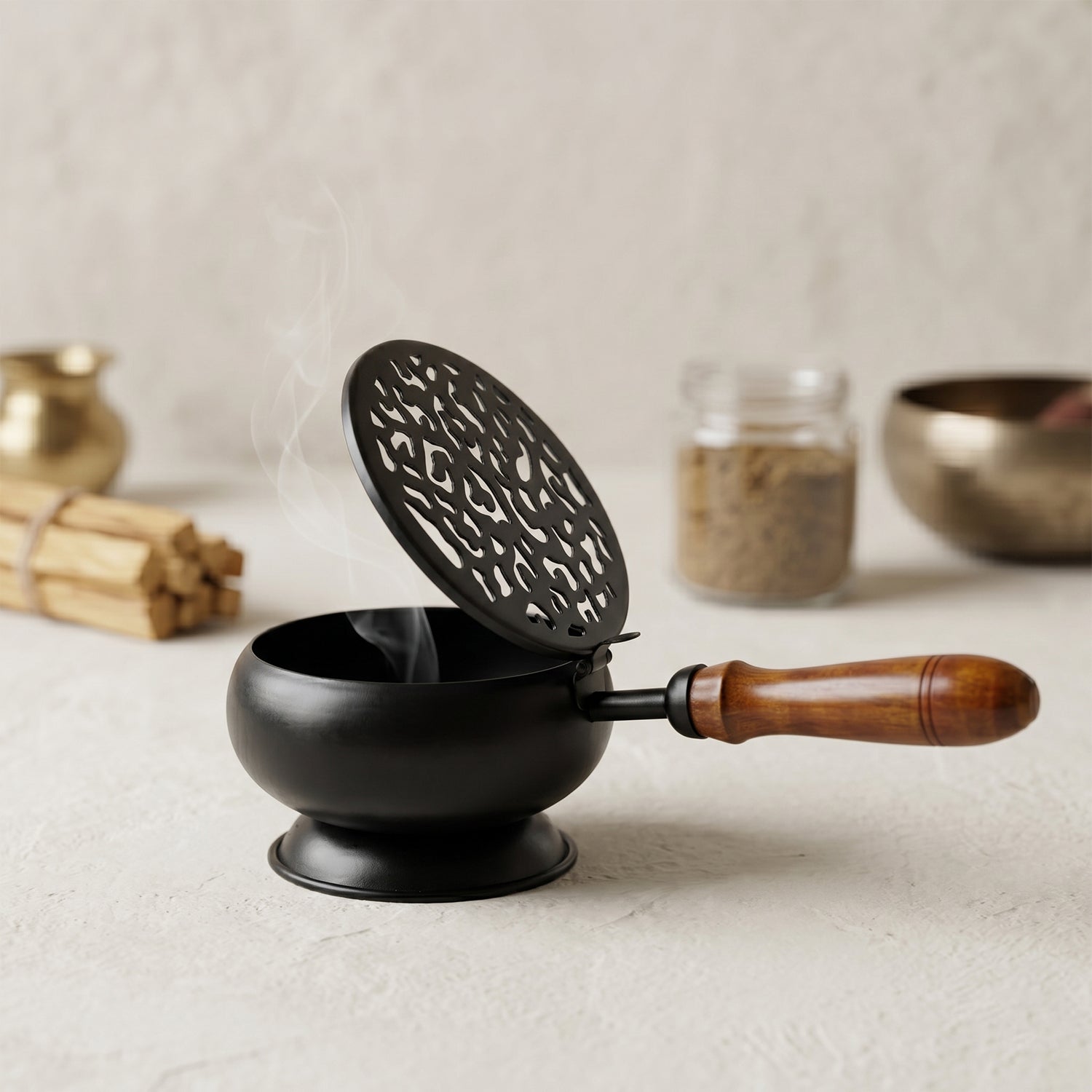 Metal Dhoop Dani with Wooden Handle for Pooja, Meditation & Home Temple Rituals