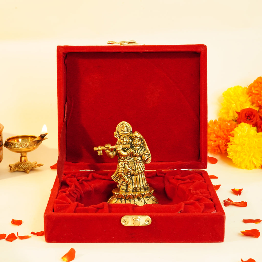 Brass Radha Krishna Idol with Velvet Gift Box for Housewarming, Wedding & Gifting