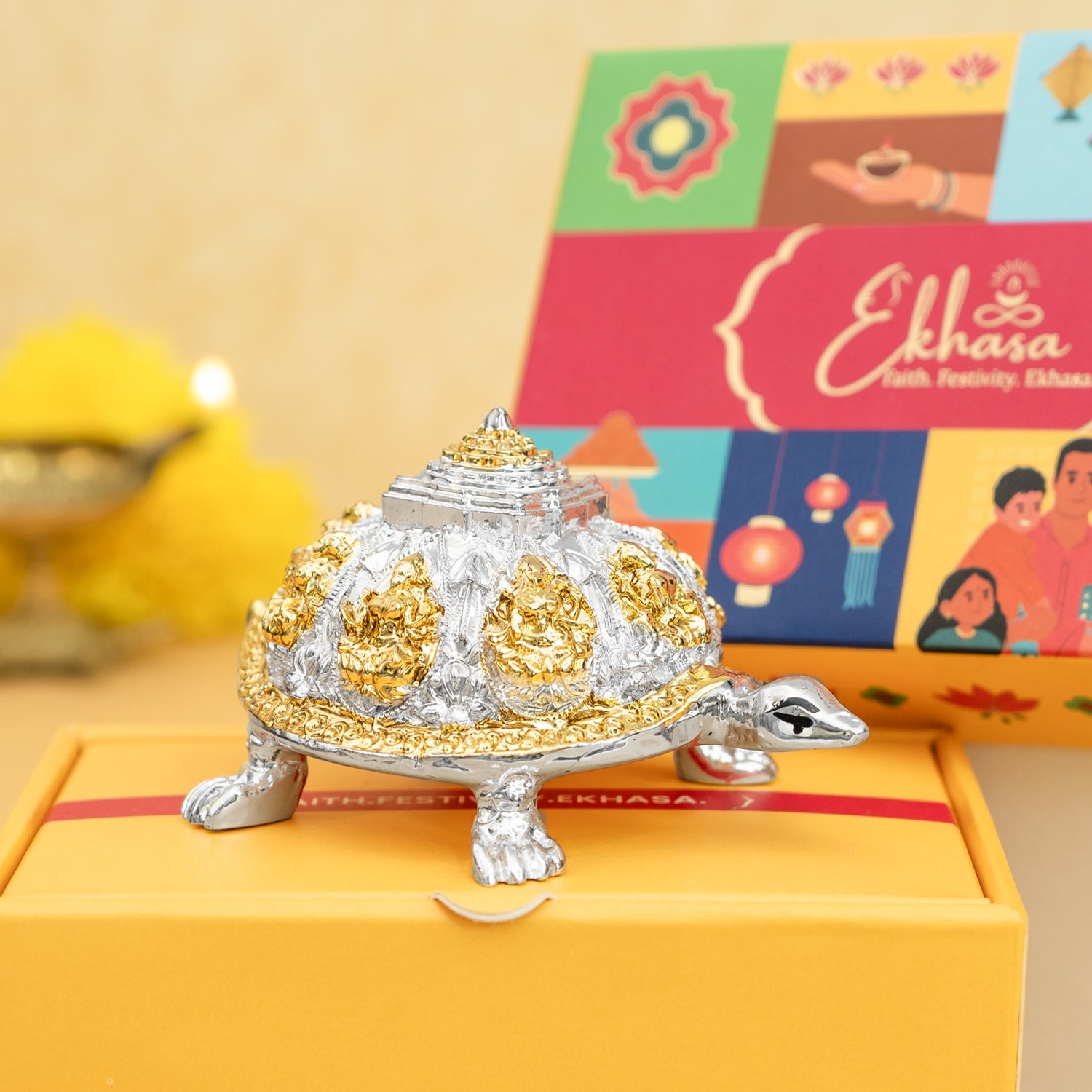 999 Silver Plated Ashtalakshmi Tortoise Idol with Gift Box for Housewarming , Wedding, Vastu & Gifting