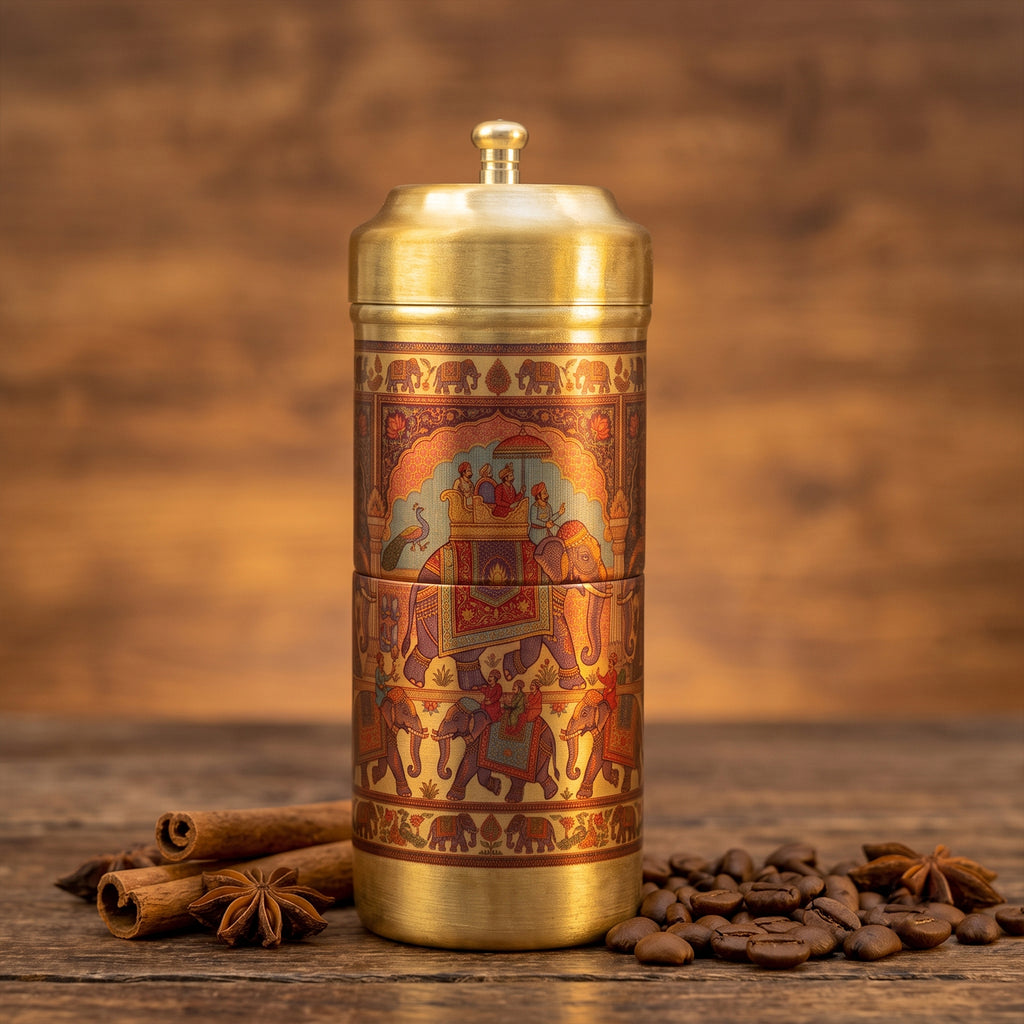 Brass Traditional Printed Filter Coffee Maker for Housewarming, Wedding & Gifting