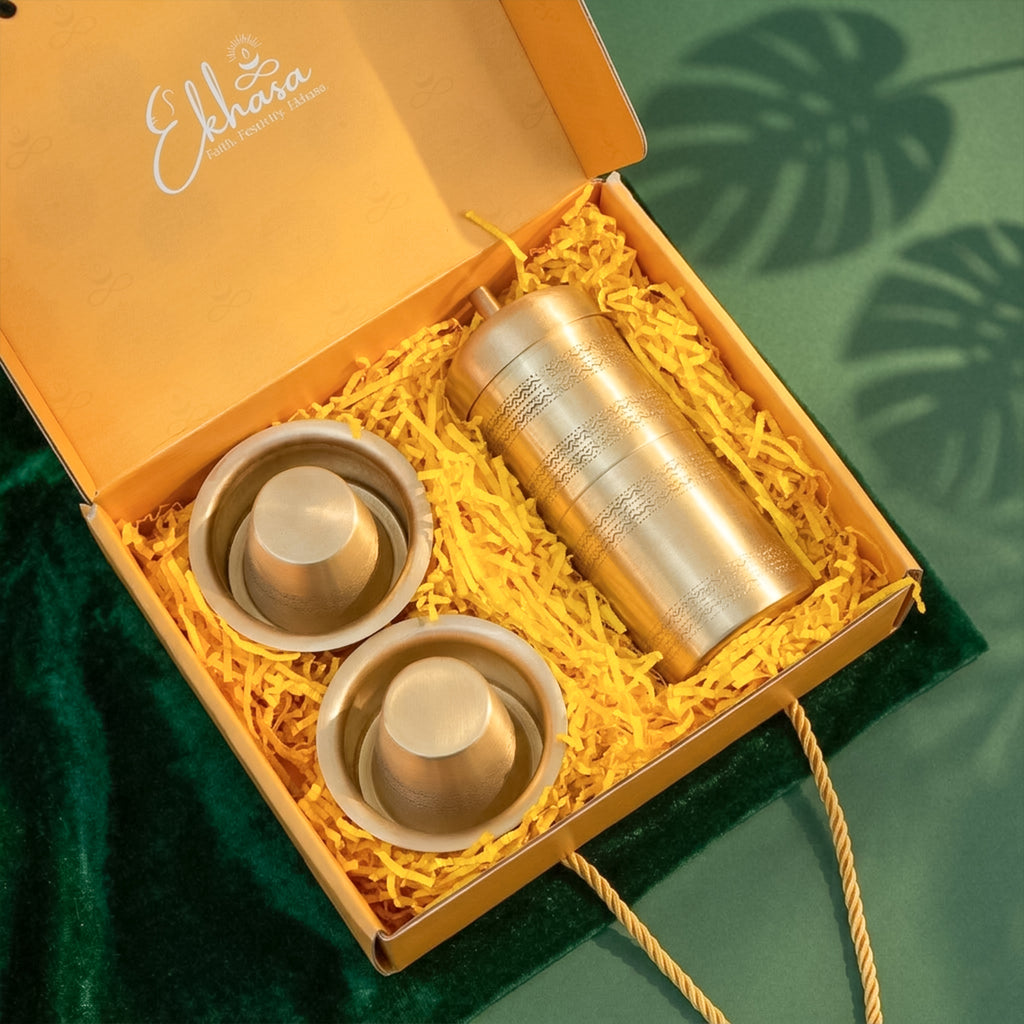 Brass Filter Coffee Maker & Coffee Cup Set with Gift Box for Housewarming, Wedding & Gifting