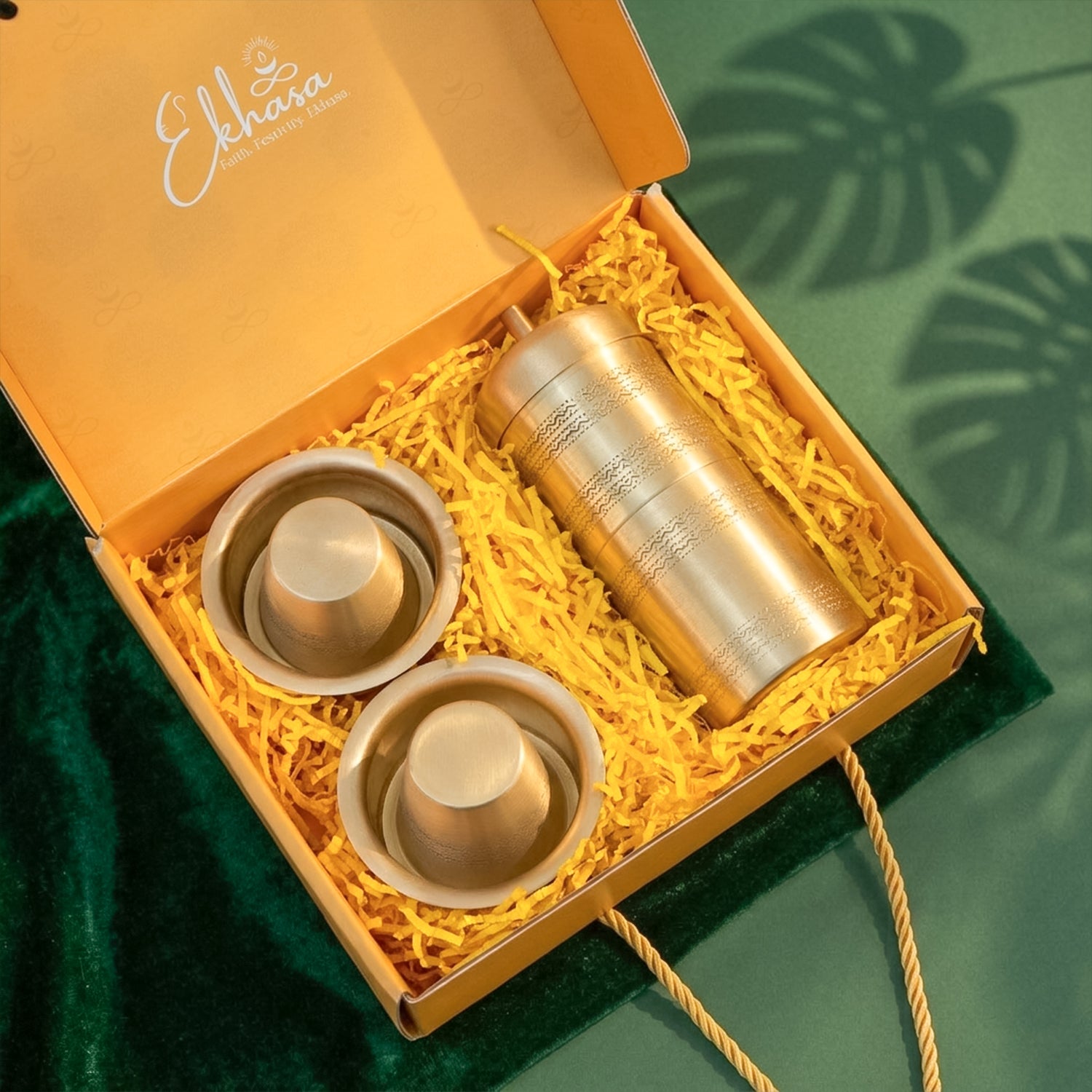 Brass Filter Coffee Maker & Coffee Cup Set with Gift Box for Housewarming, Wedding & Gifting