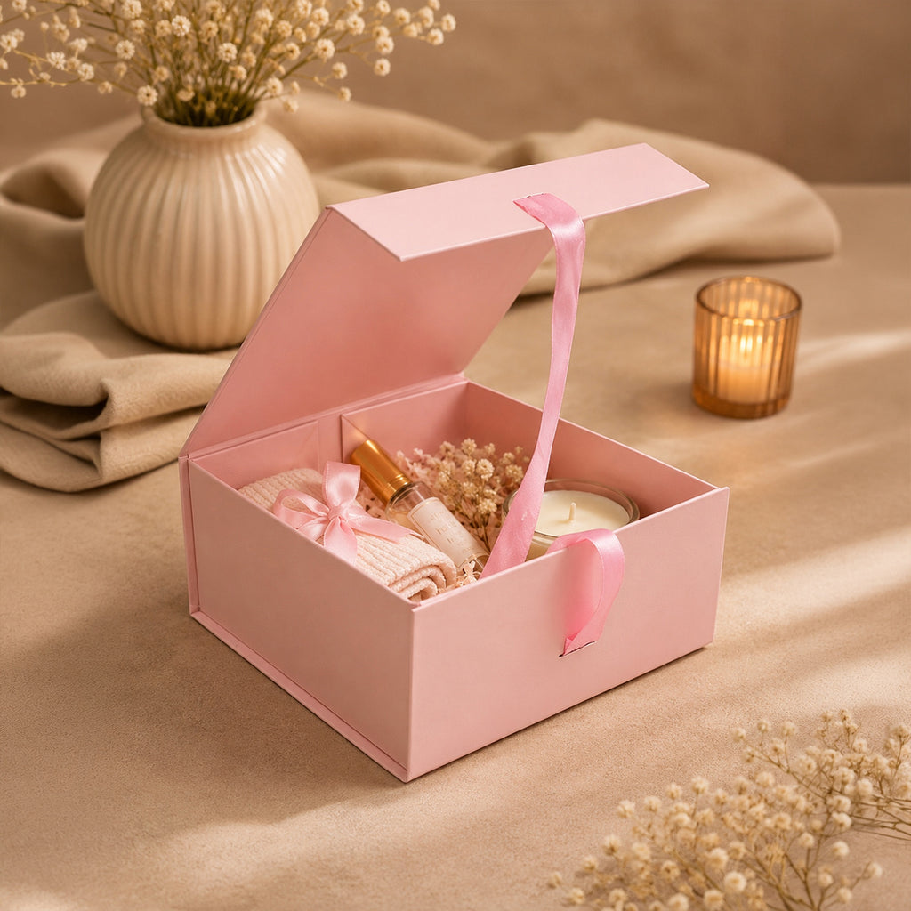 Pink Foldable Multipurpose Empty Gift Hamper Box with Magnetic Closure & Ribbon (21.5 x 21 x 9.5 cm)