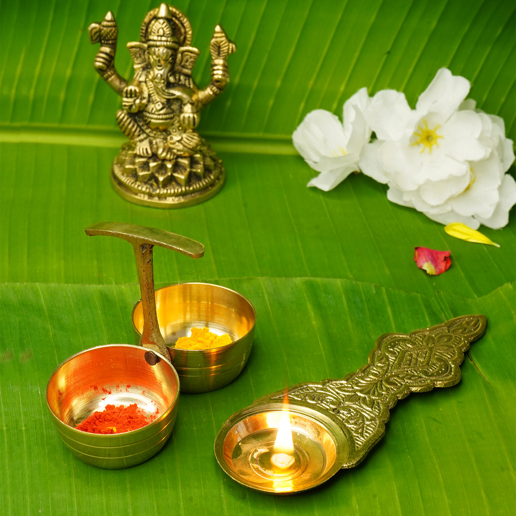 Pure Brass Kapoor Stand with Haldi Kumkum Holder Combo for Pooja & Temple Decor