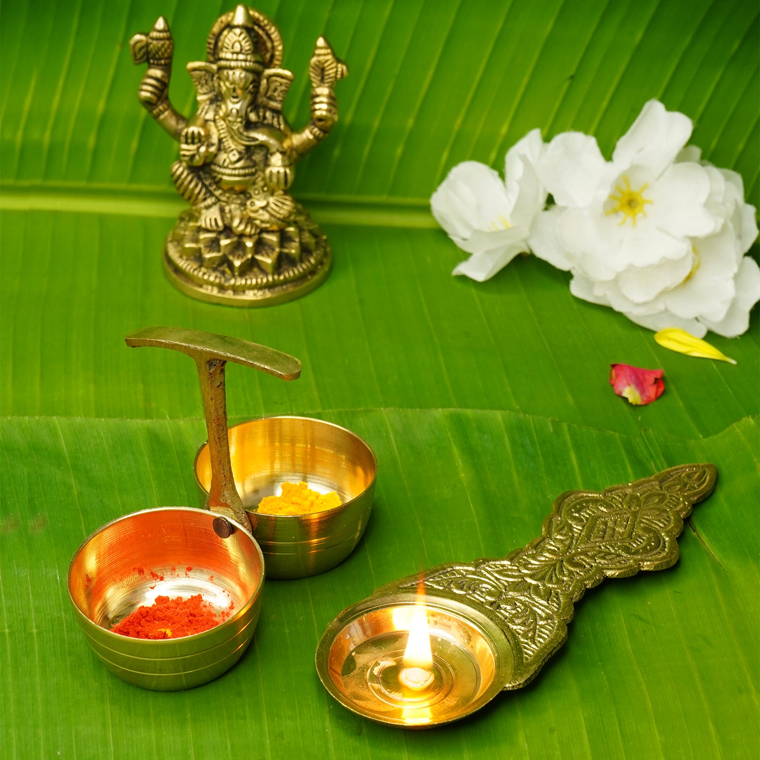 Pure Brass Kapoor Stand with Haldi Kumkum Holder Combo for Pooja & Temple Decor