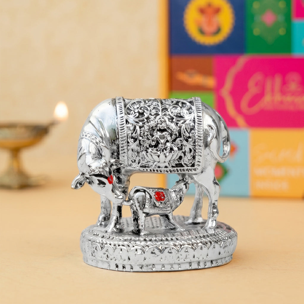 999 Silver Plated Kamdhenu Cow with Calf Idol with Gift Box for Housewarming, Wedding & Gifting