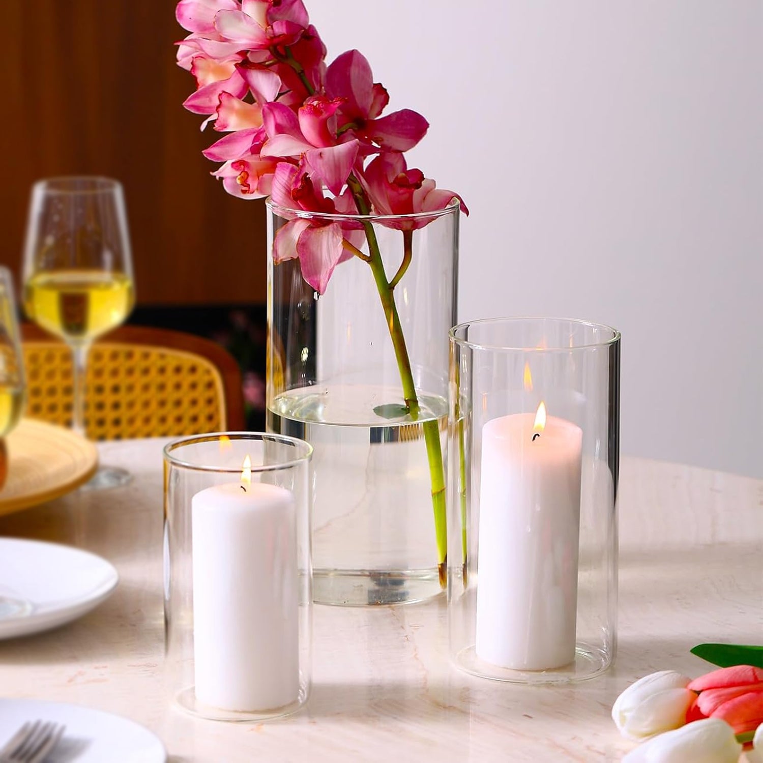 Cylindrical Glass Vase Set of 3 for Home Decor & Gifting
