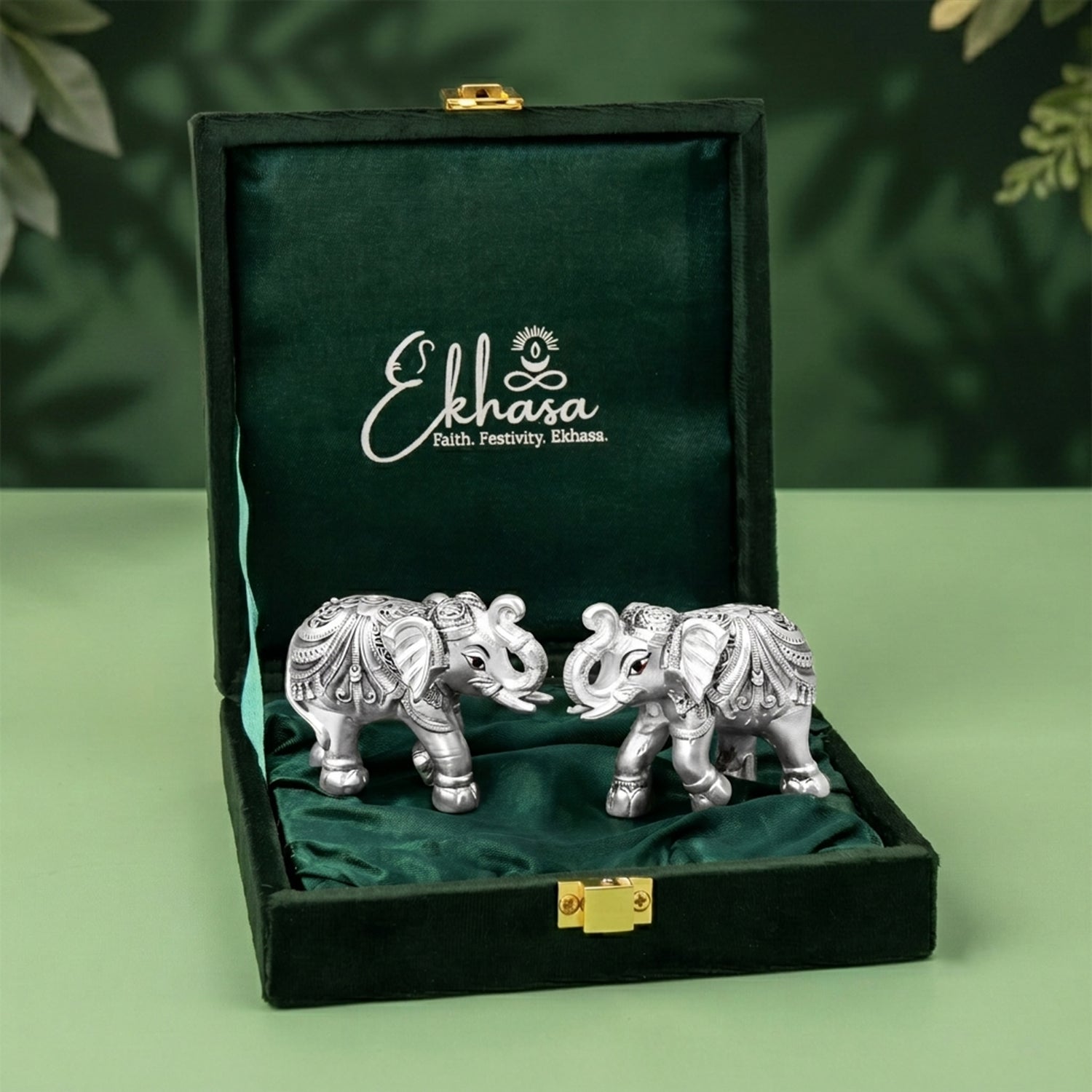 999 Silver Plated Elephant Pair with Green Velvet Gift Box for Vastu, Housewarming & Wedding Gift