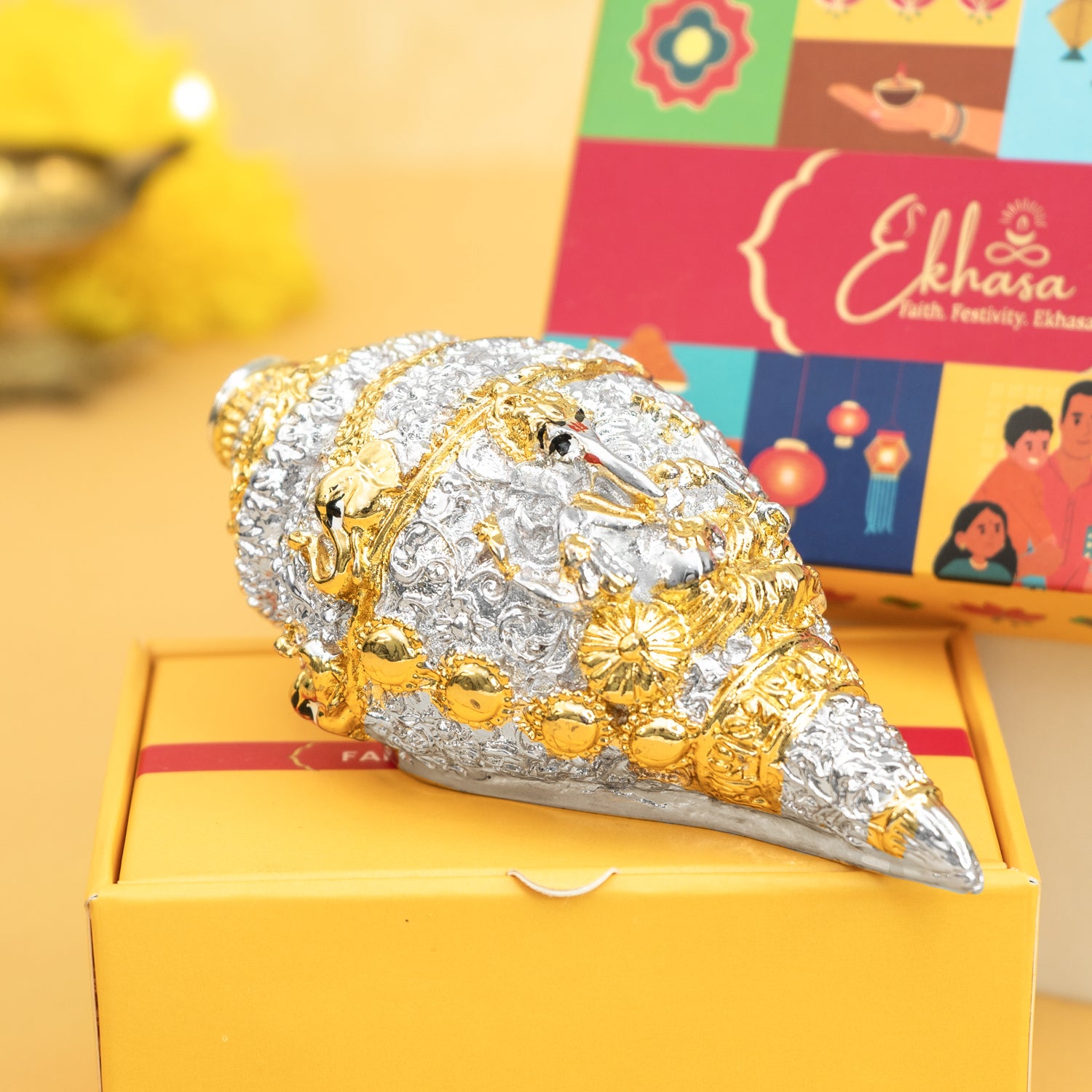 999 Silver Plated Ganesha Shankh with Gift Box for Vastu, Pooja & Gifting for Housewarming, Wedding