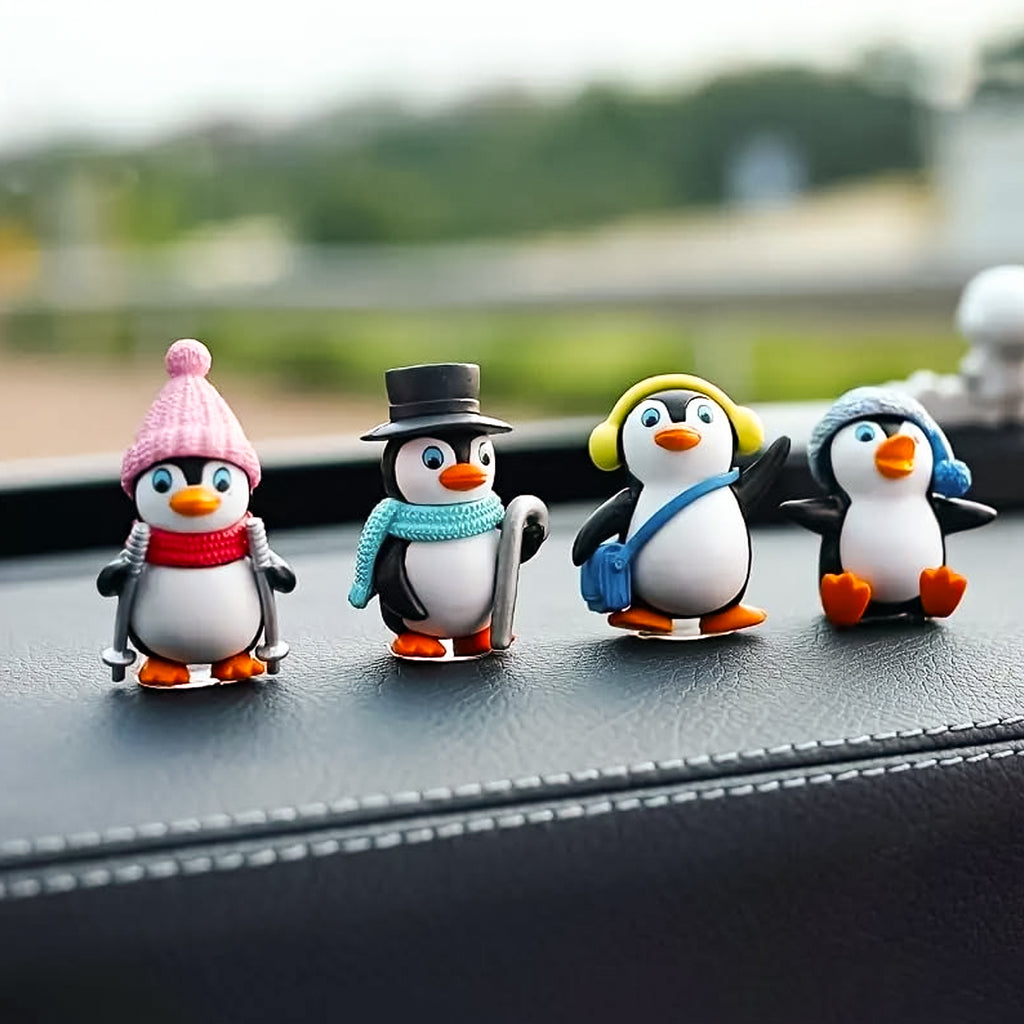 Penguin Miniature Toy Set of 4 for Car Dashboard, Office Desk & Home Decor