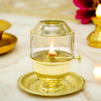 Brass Akhand Jyot Diya with Plate Adjustable Bati Knob & Glass Cover for Puja(Medium Size, 150 ml Oil Capacity)