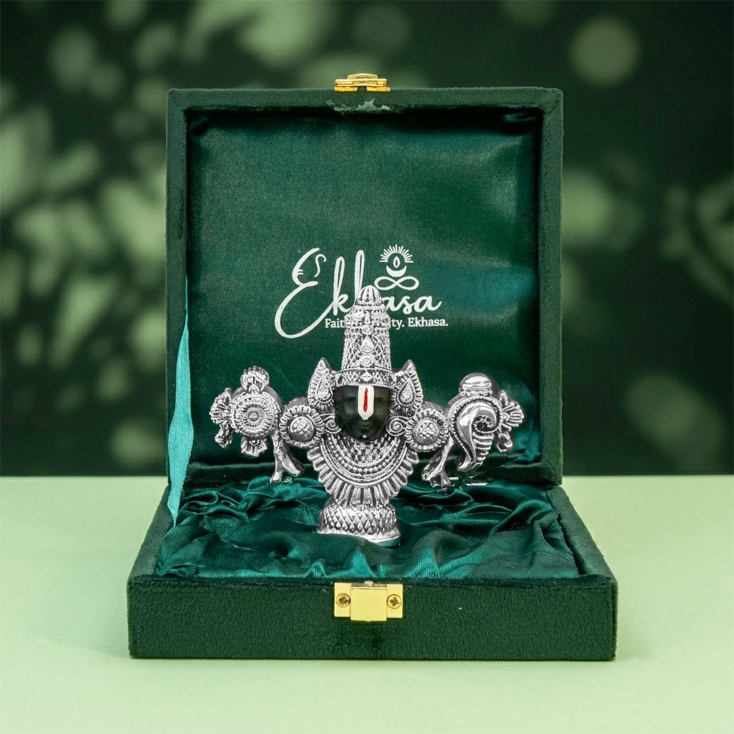 999 Silver Plated Tirupati Balaji Venkateshwara Idol with Green Velvet Gift Box for Vastu, Housewarming & Wedding Gifting