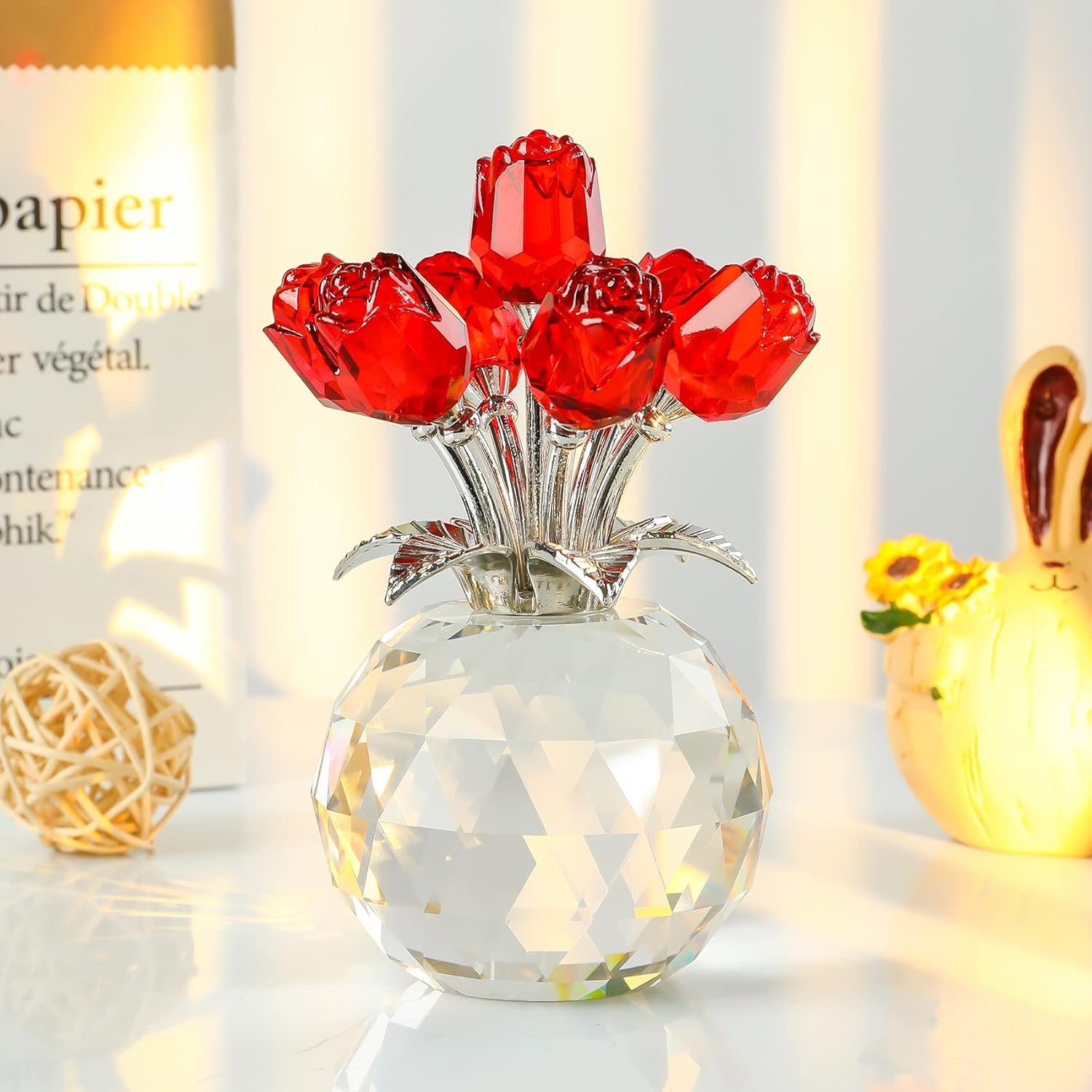 Crystal Red Rose Showpiece with Vase for Home Decor, Office & Table Decoration