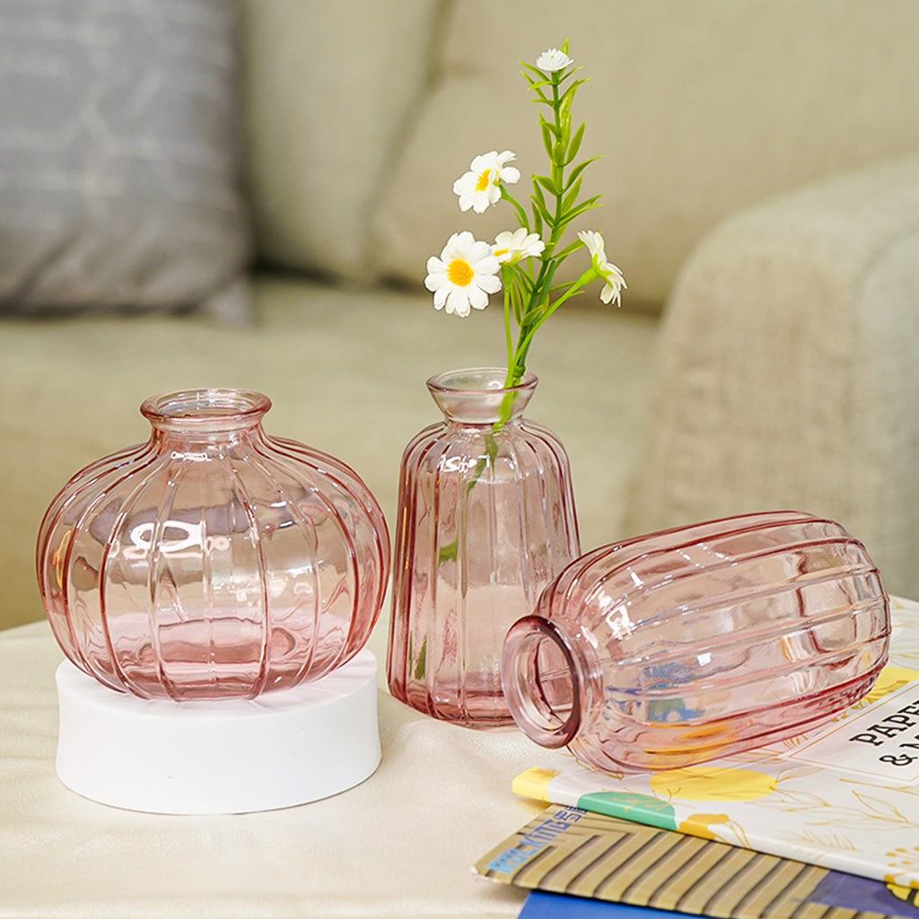 Pink Glass Bud Vase Set for Home Decor, Indoor Plants & Table Decor
