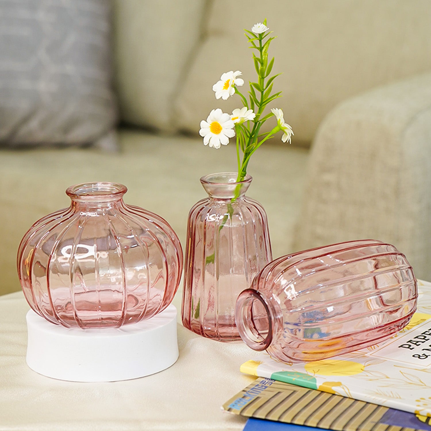 Pink Glass Bud Vase Set for Home Decor, Indoor Plants & Table Decor