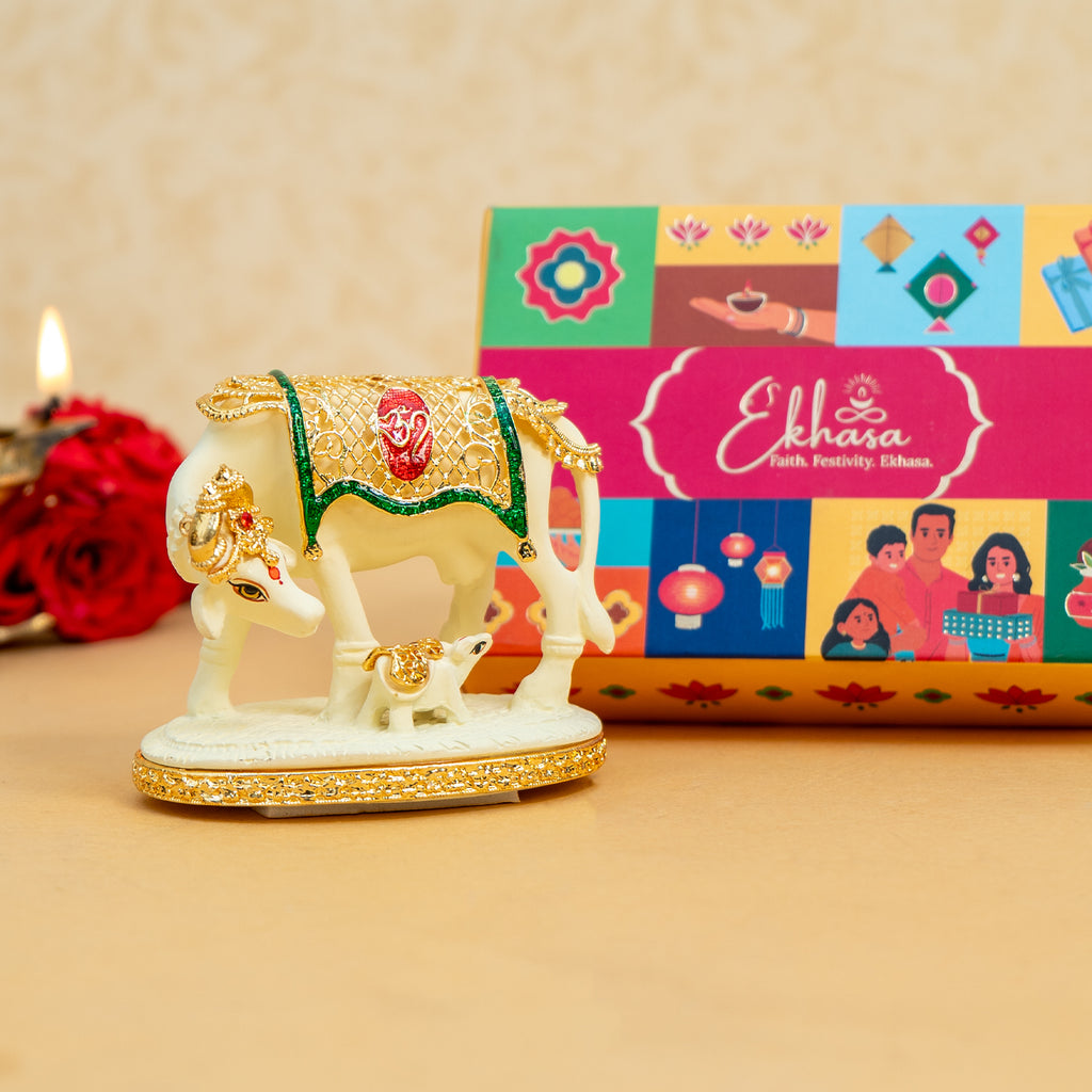 24K Gold Plated Kamdhenu Cow with Calf Idol with Gift Box for Housewarming, Wedding & Gifting