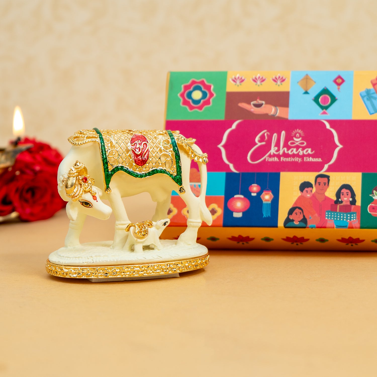 24K Gold Plated Kamdhenu Cow with Calf Idol with Gift Box for Housewarming, Wedding & Gifting