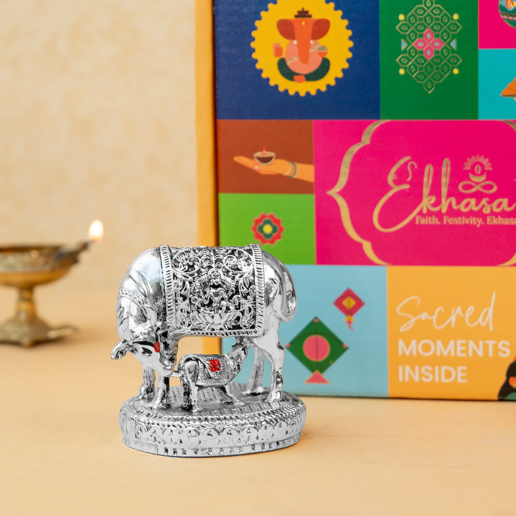 999 Silver Plated Kamdhenu Cow with Calf Idol with Gift Box for Housewarming, Wedding & Gifting