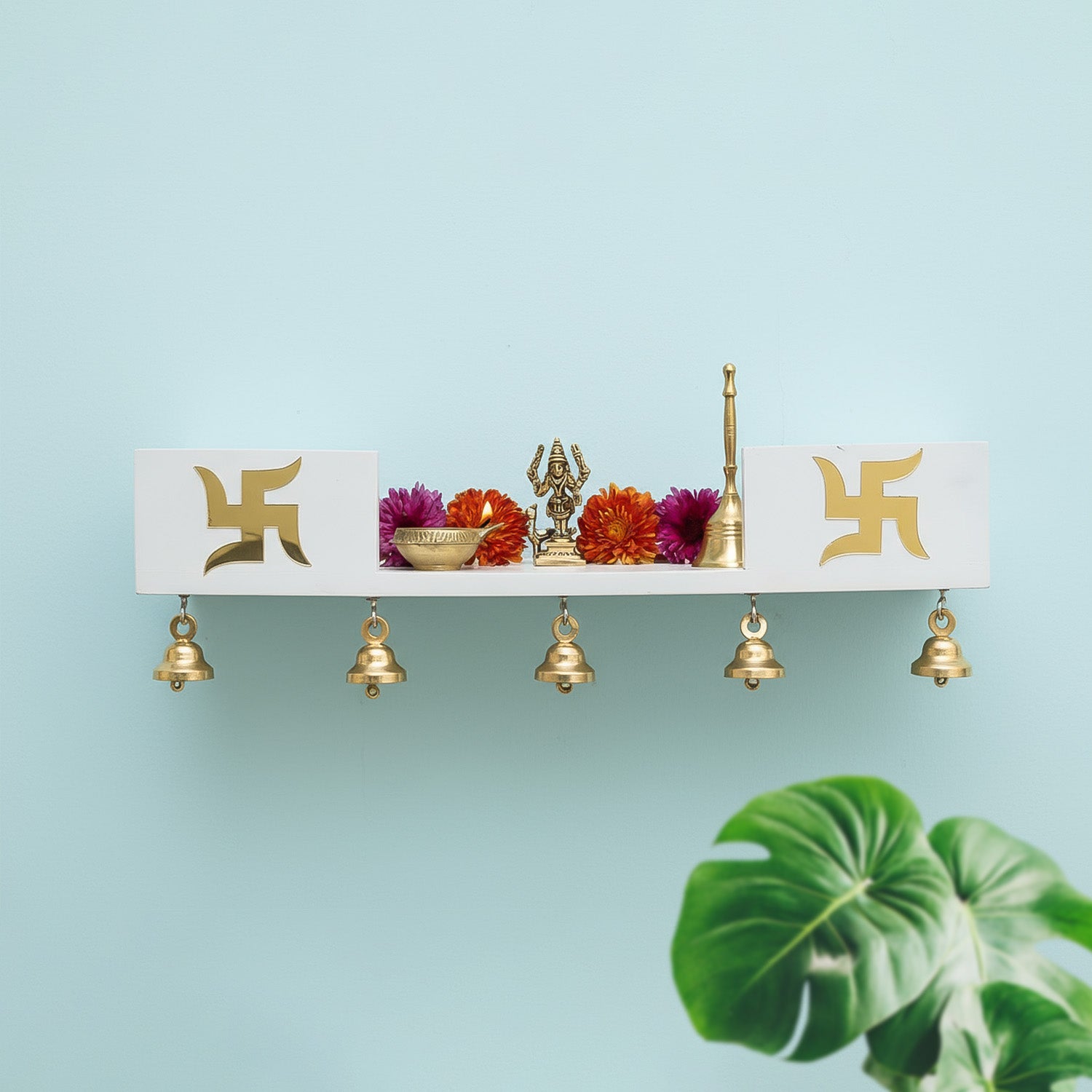Wooden Wall Mounted Temple with Bells for Puja , Office & Home Decor