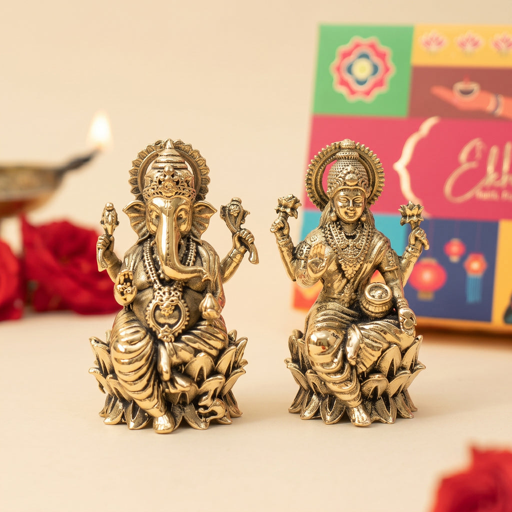 Brass Lakshmi Ganesh Idol with Gift Box for Housewarming, Wedding & Vastu Gifting