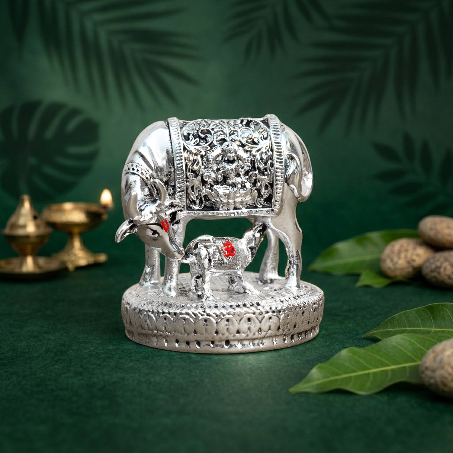 999 Silver Plated Kamdhenu Cow with Calf Vastu Idol for Home Decor & Pooja