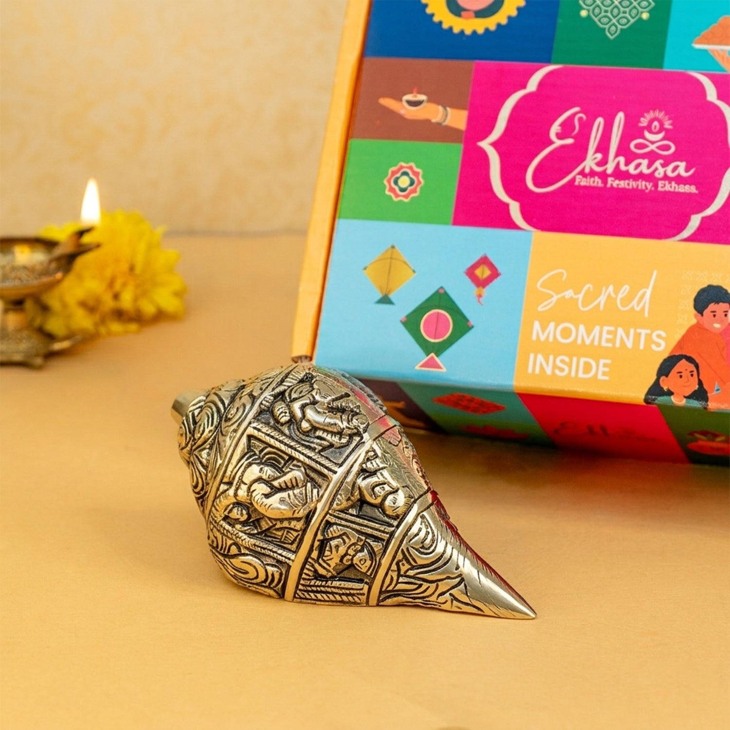 Brass Shankh Showpiece with Gift Box for Housewarming, Wedding & Gifting