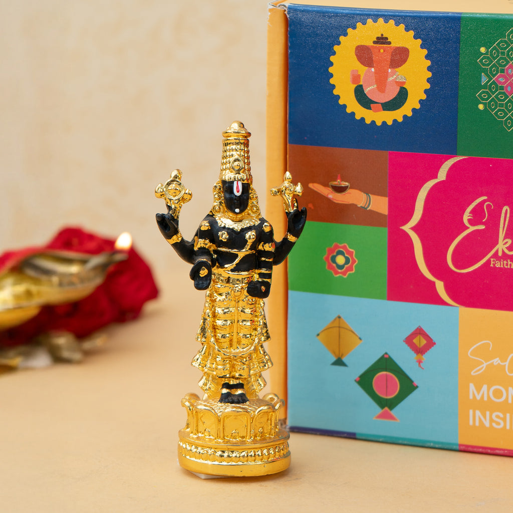 24K Gold Plated Tirupati Balaji Venkateshwara Idol with Gift Box for Housewarming, Wedding & Gifting