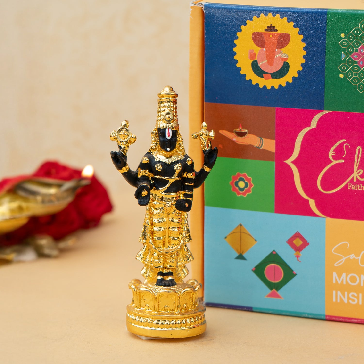 24K Gold Plated Tirupati Balaji Venkateshwara Idol with Gift Box for Housewarming, Wedding & Gifting