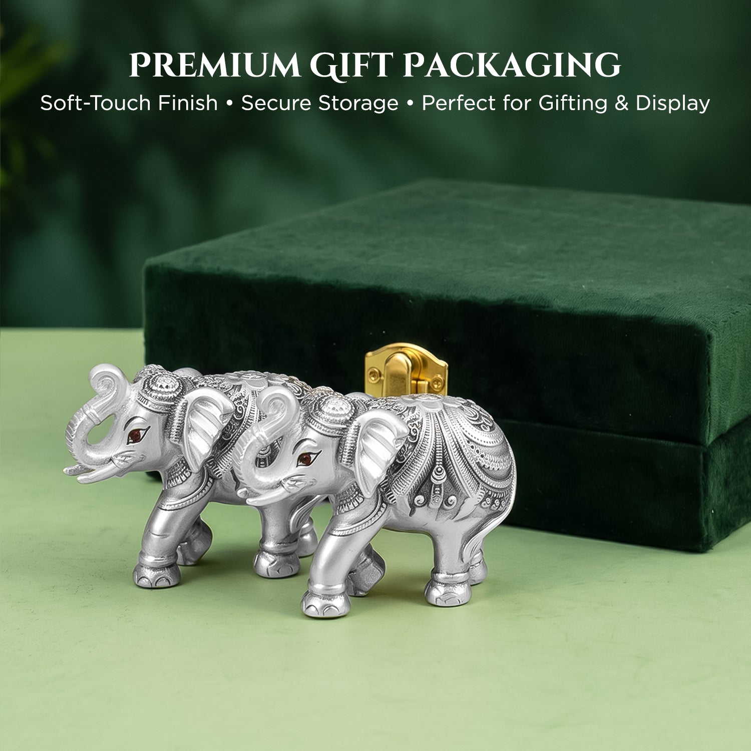 999 Silver Plated Elephant Pair with Green Velvet Gift Box for Vastu, Housewarming & Wedding Gift