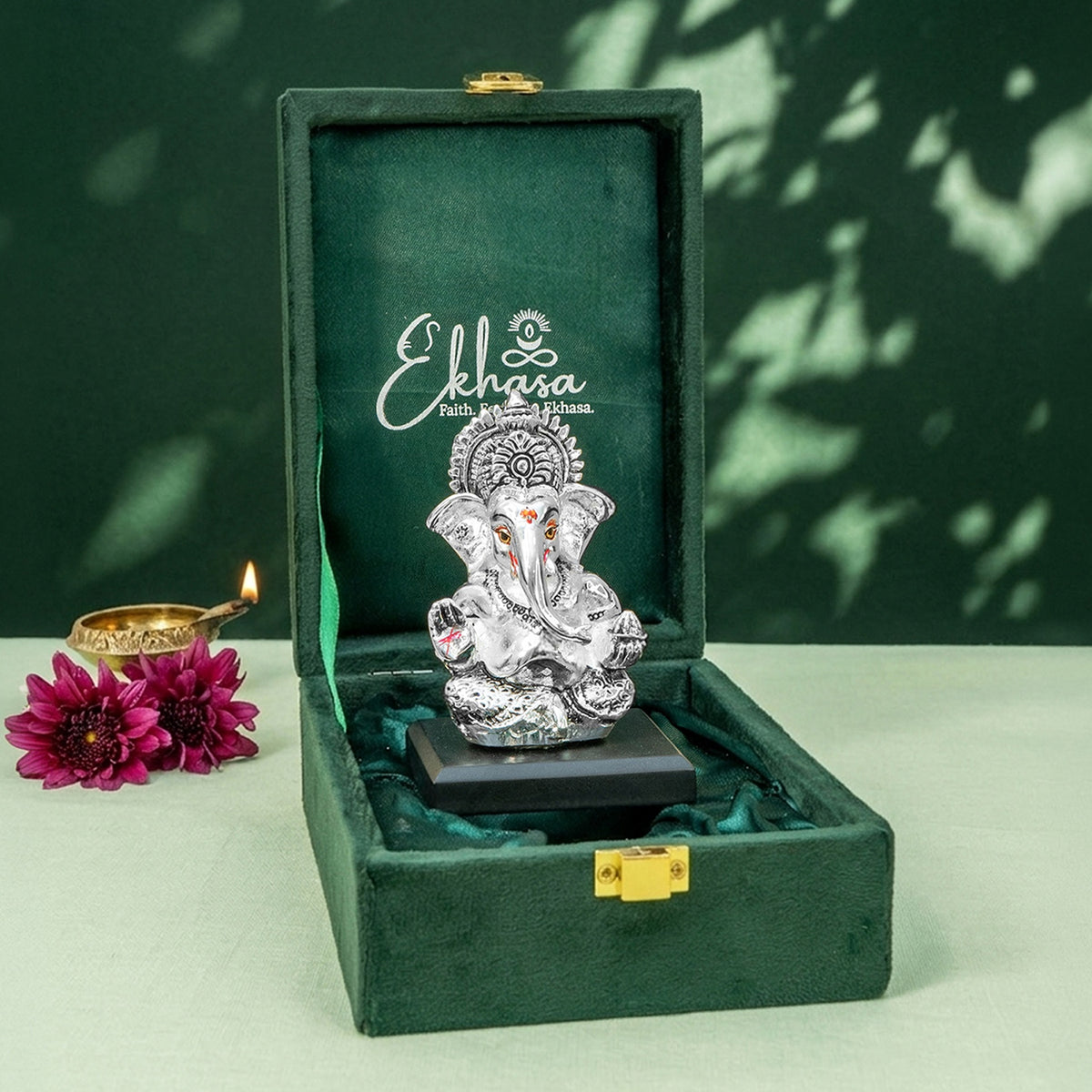 999 Silver Plated Ganesh Idol with Green Velvet Gift Box for Vastu , Housewarming & Wedding Gift
