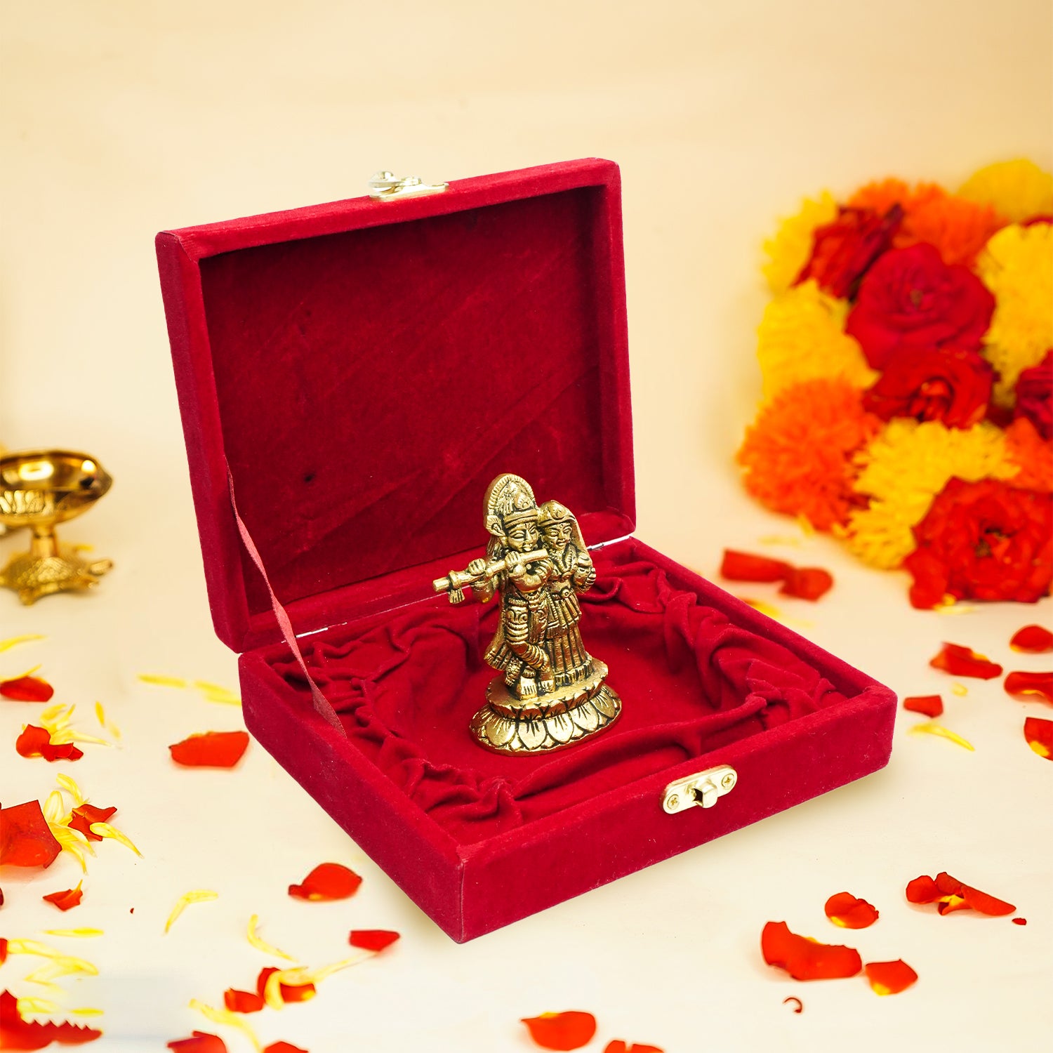 Brass Radha Krishna Idol with Velvet Gift Box for Housewarming, Wedding & Gifting