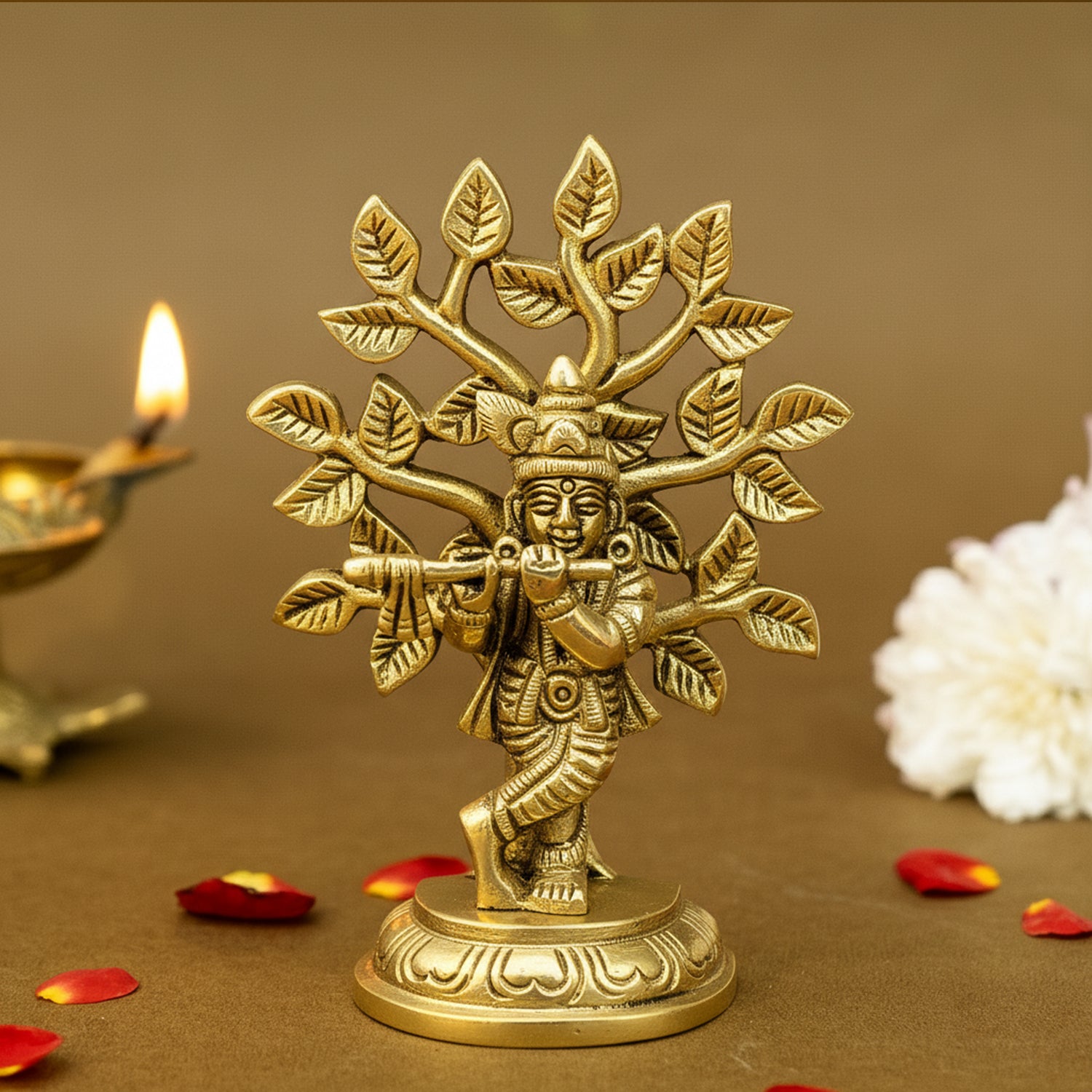 Brass Lord Krishna Idol with Kalpavriksha Tree & Flute for Home Decor & Pooja