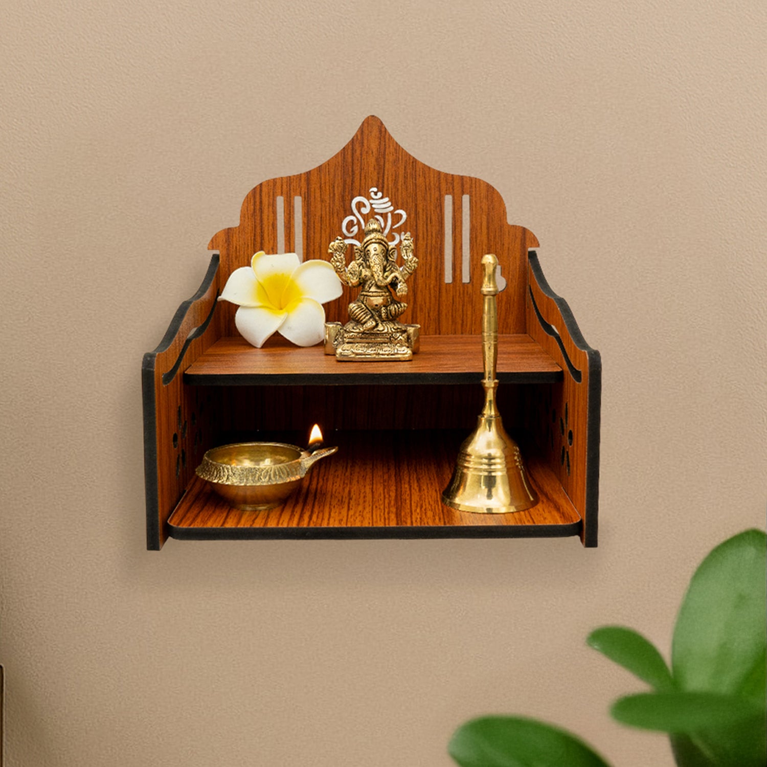 Wooden Wall Mounted Temple with Bells for Puja , Office & Home Decor