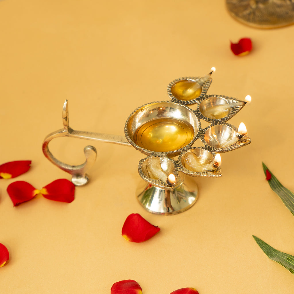 Brass Panchdeep Aarti Diya with Stand for Pooja & Home Temple