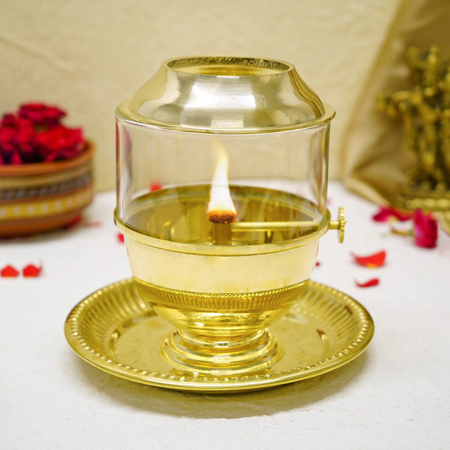Brass Akhand Jyot Diya with Adjustable Bati Knob & Glass Cover for Puja(Large Size, 250 ml Oil Capacity)