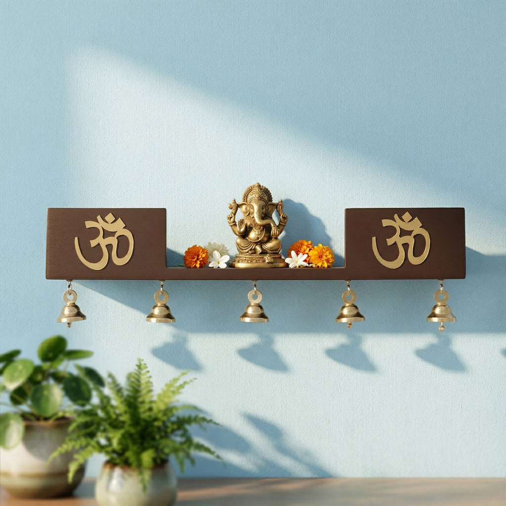 Wooden Wall Mounted Temple with Bells for Puja , Office & Home Decor