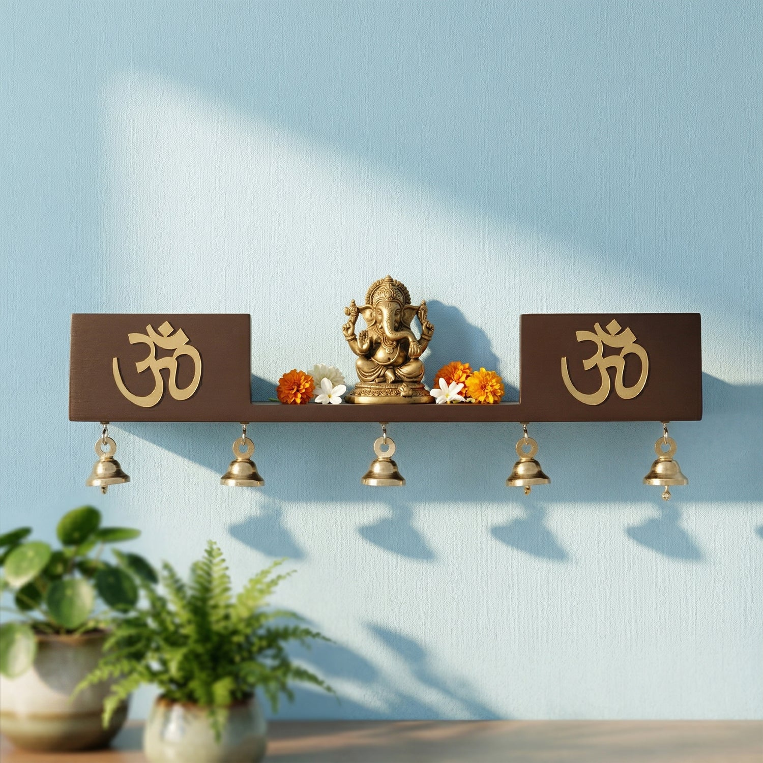 Wooden Wall Mounted Temple with Bells for Puja , Office & Home Decor