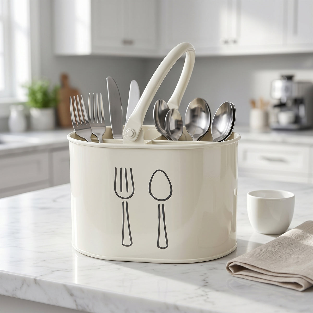 4 Compartment Metal Cutlery Holder with Handle