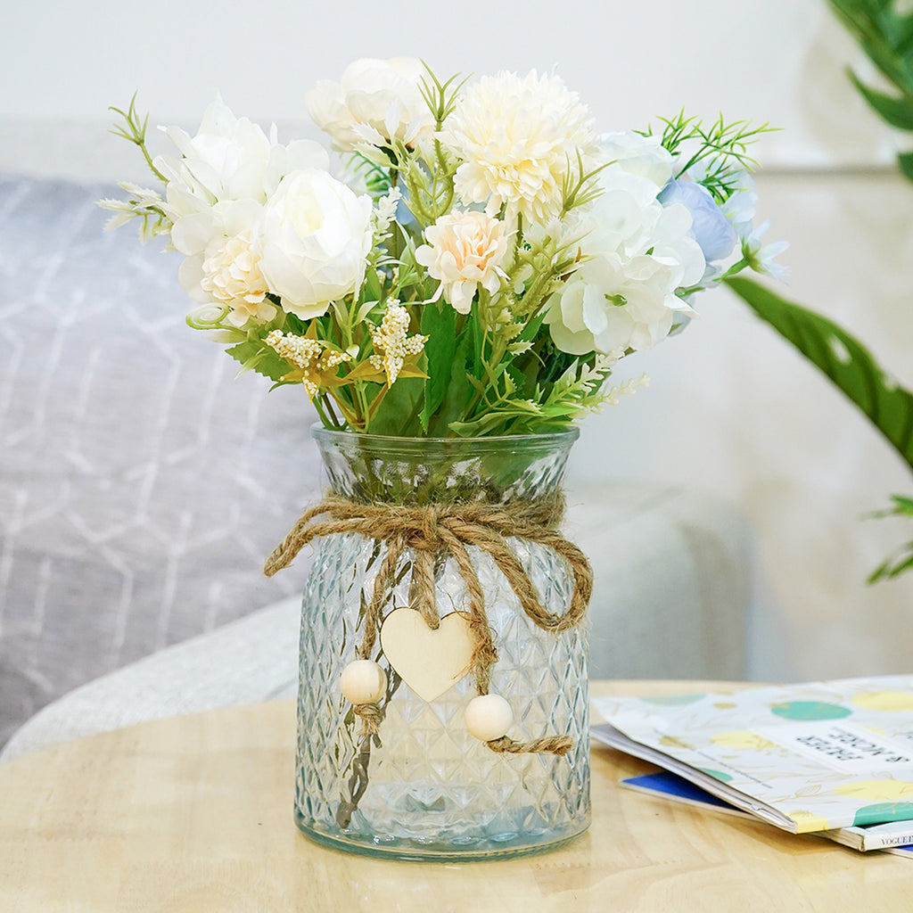 Glass Flower Vase with Heart Charm for Home Decor, Table Decor & Gifting