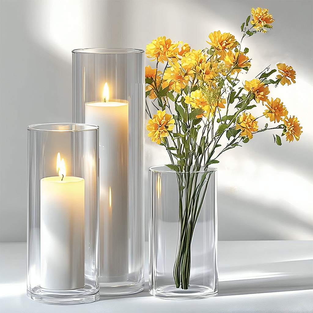 Cylindrical Glass Vase Set of 3 for Home Decor & Gifting