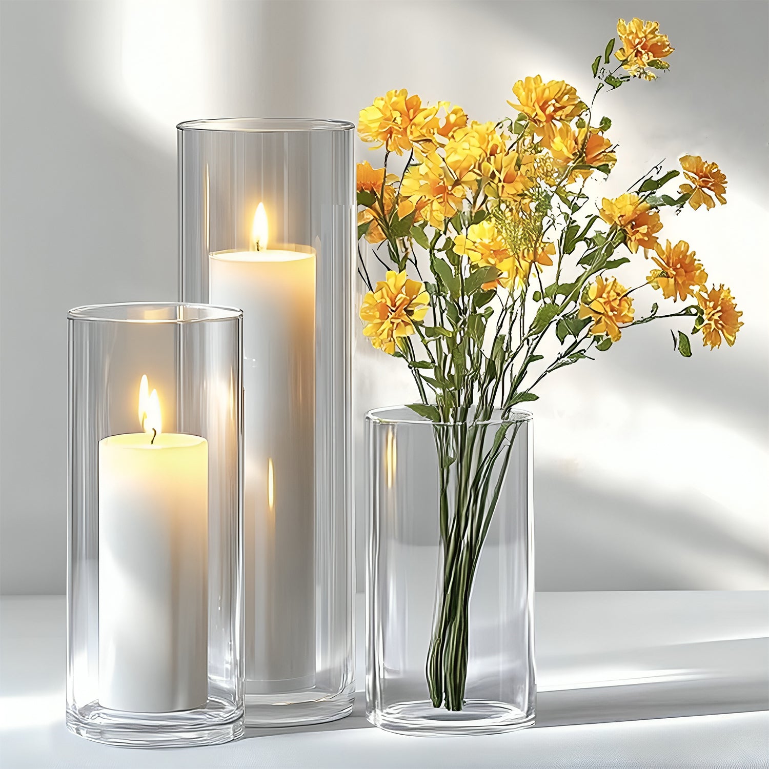 Cylindrical Glass Vase Set of 3 for Home Decor & Gifting