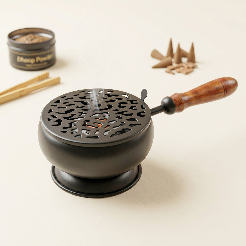 Metal Dhoop Dani with Wooden Handle for Pooja, Meditation & Home Temple Rituals