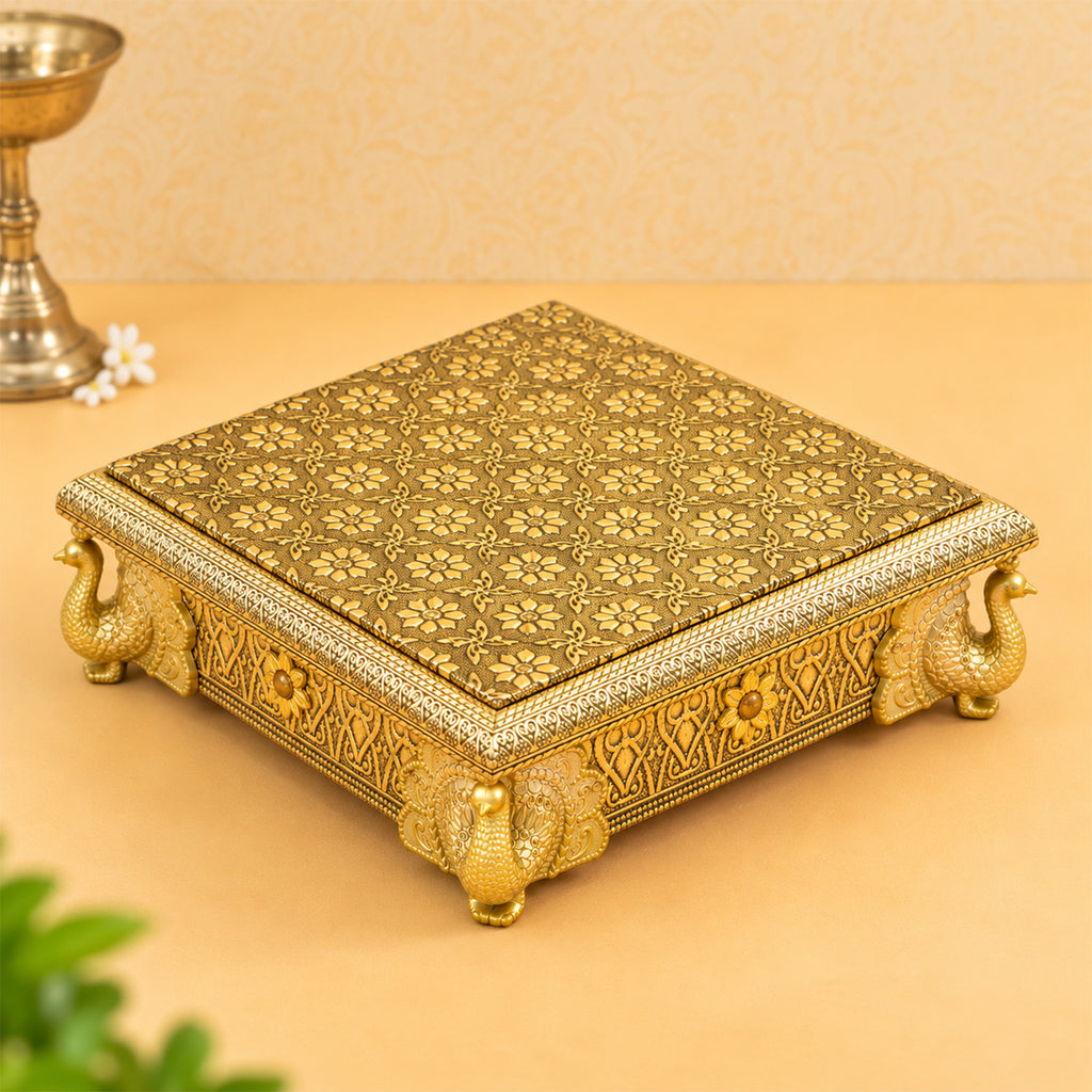 Gold Toned Wooden Peacock Chowki for Pooja, Home Temple & Festive Gifting