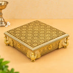 Gold Toned Wooden Peacock Chowki for Pooja, Home Temple & Festive Gifting