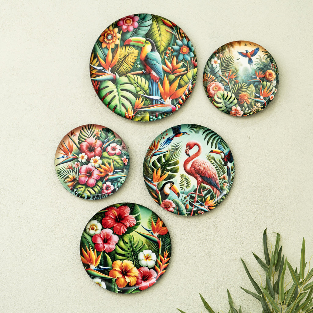 Tropical Art Metal Wall Hanging Plates Set of 5 for Living Room & Home Decor
