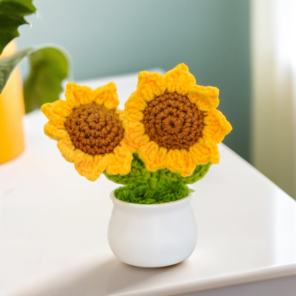 Crochet Sunflower with Pot for Car Dashboard, Table Decor, Office & Home Gifting
