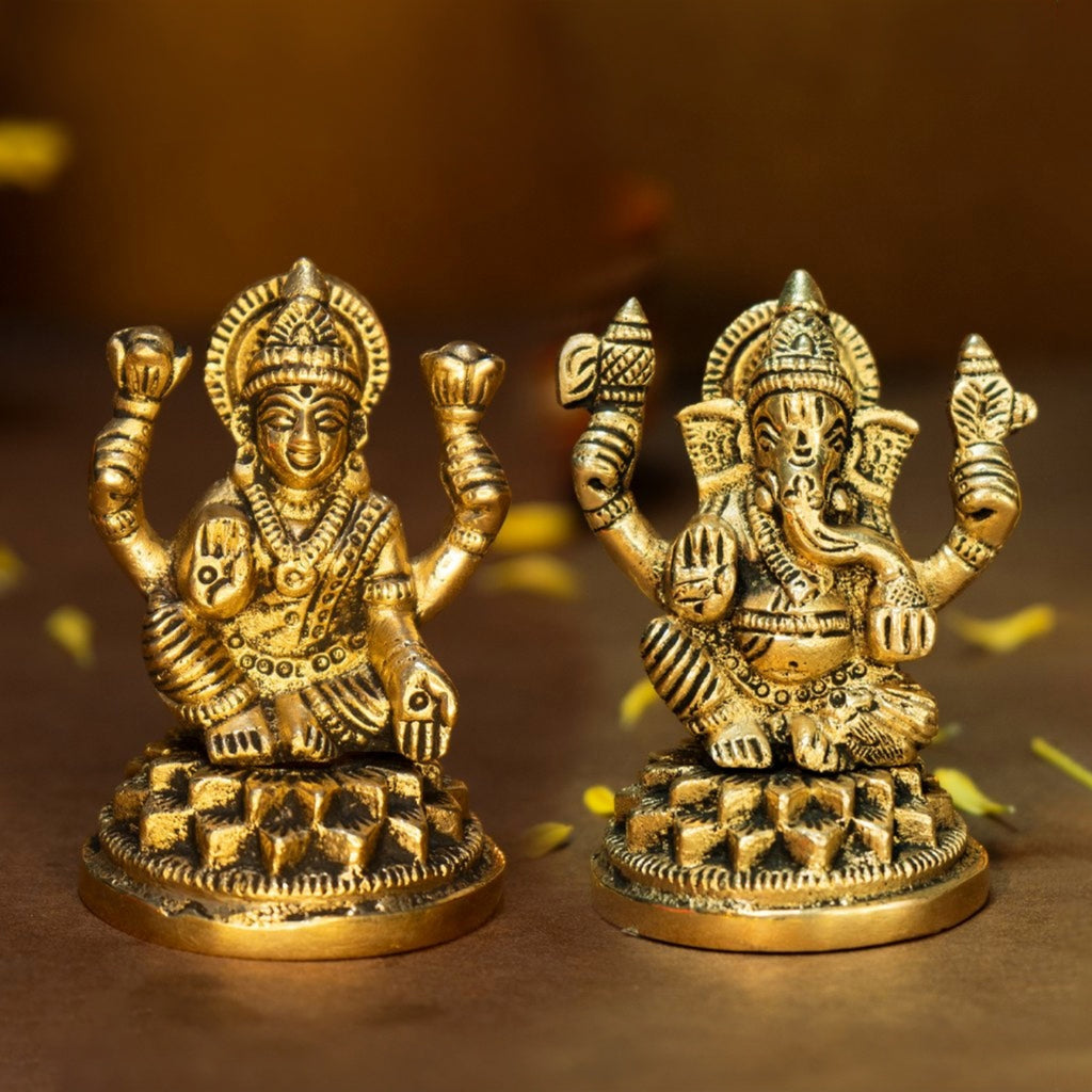 Pure Brass Ganesh Lakshmi Idol for Pooja Room, Home Decor, Office Desk & Gifting